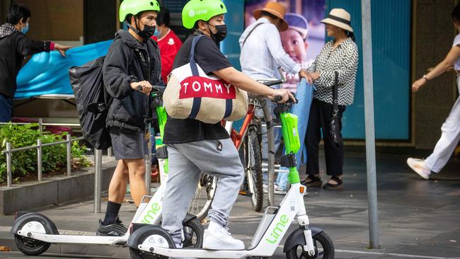 Rental e-scooters are being trialled in the Melbourne CBD. Picture: Mark Stewart