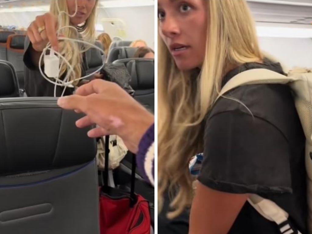 A woman was filmed admitting to taking a fellow passenger’s Apple charger on a US flight. Picture: TikTok