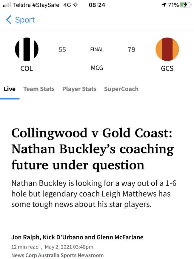 Match Centre scores and stats appear on stories about the game.