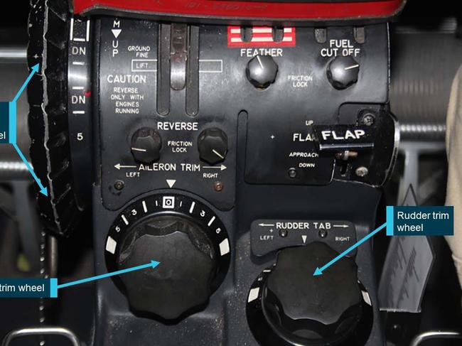 Image from DFO crash report.Figure 4: Position of the elevator trim wheel, aileron trim wheel and rudder trim wheel onthe centre pedestal of a B200 aircraft.Loss of control and collision with terrain involving B200 King Air, VH-ZCR, Essendon Airport, Victoria on 21 February 2017