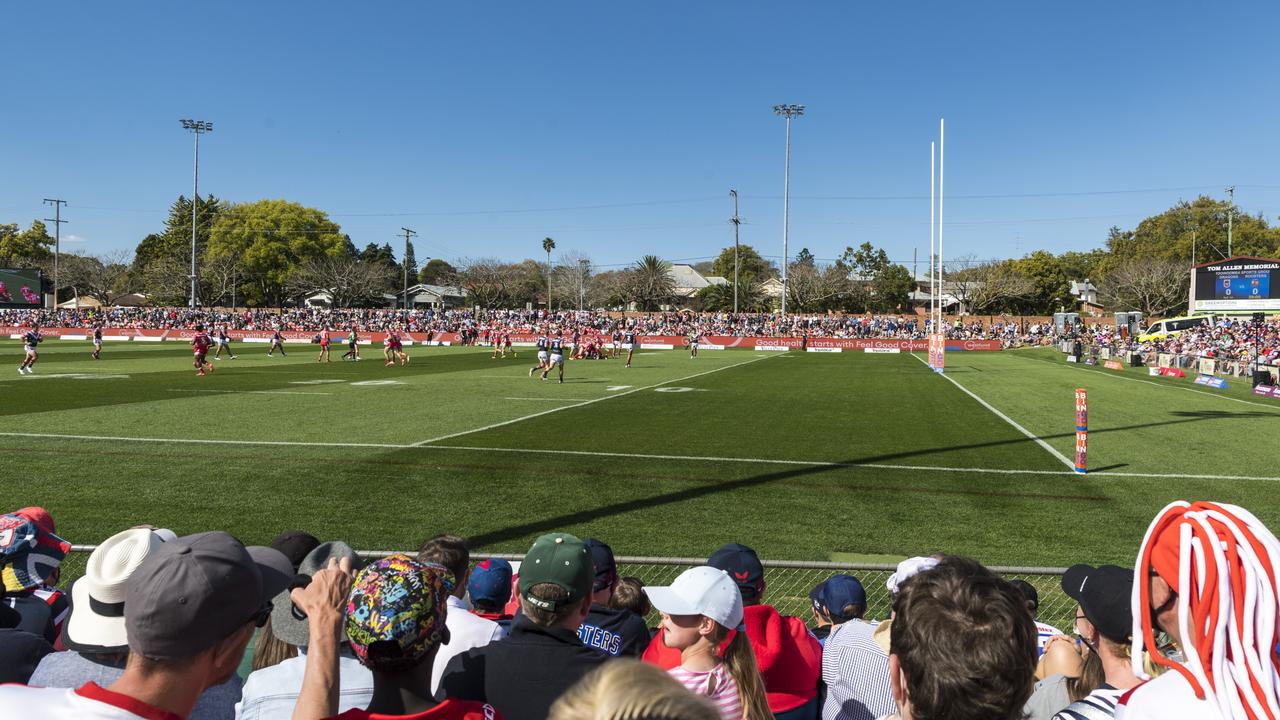 More than 7000 fans support their team when the Dragons take on the Roosters as Toowoomba hosts an NRL round at Clive Berghofer Stadium, Sunday, August 22, 2021. Picture: Kevin Farmer