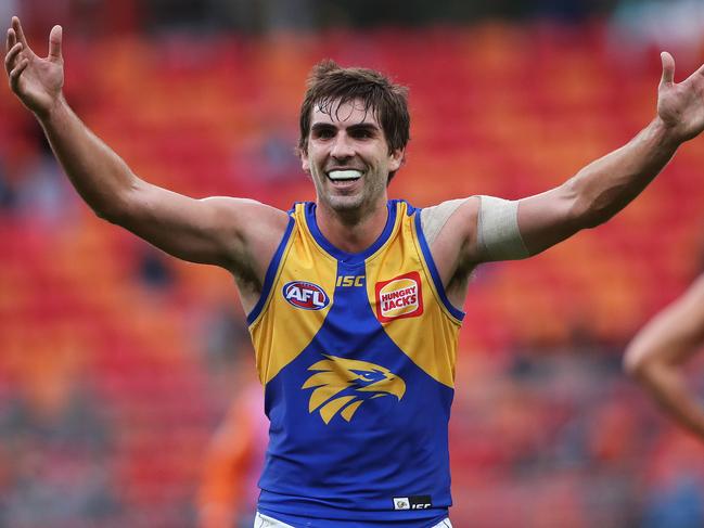 West Coast's Andrew Gaff  celebrates goal of Josh Kennedy during AFL match between the GWS Giants and West Coast Eagles at Spotless Stadium. Picture. Phil Hillyard