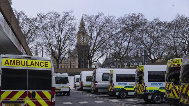 Rows of parked ambulances at St Thomas' Hospital in London in January attested to nearly one in 10 NHS staff being off work, either sick or self-isolating. Picture: Getty Images