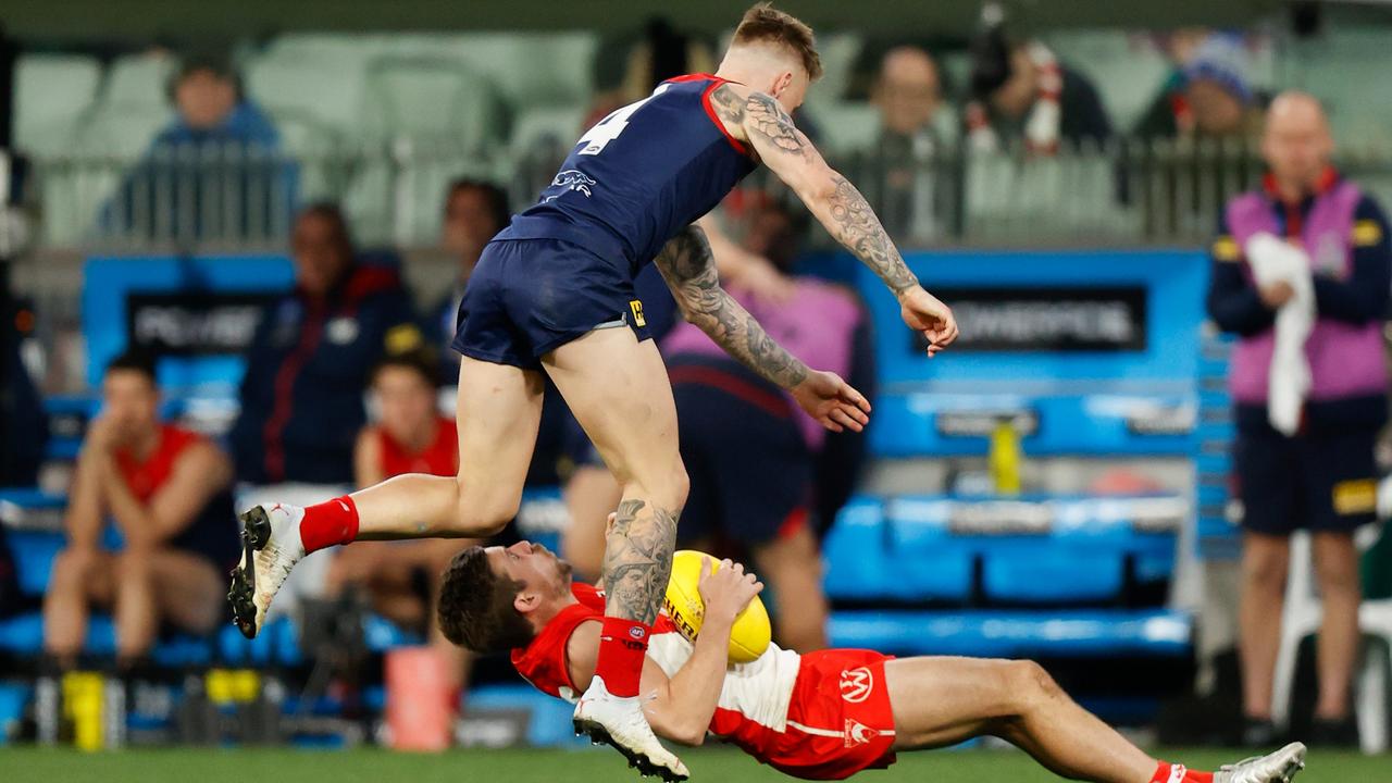 James Harmes has been fined for this hit on Jake Lloyd. Picture: Michael Willson/AFL Photos