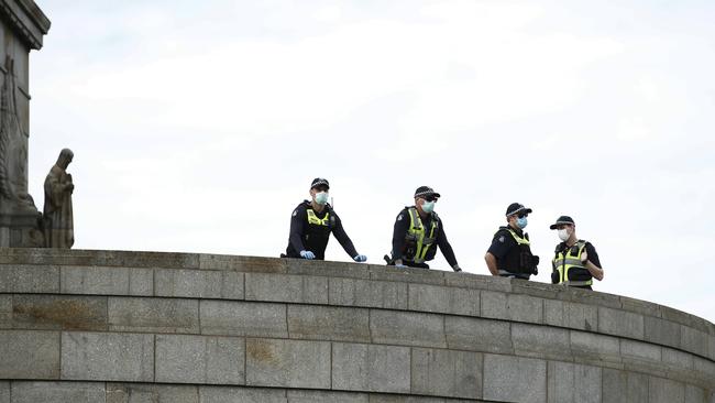 Police monitoring the Shrine of Remembrance. Picture: Daniel Pockett