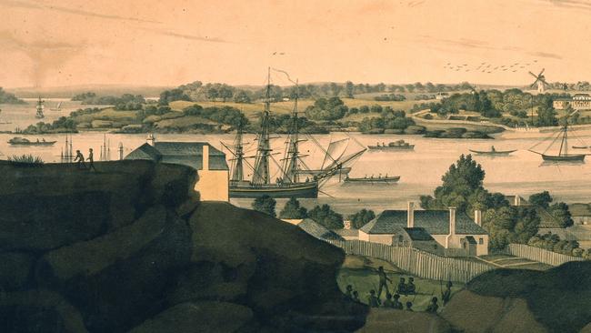 Sydney Cove, circa 1813, looking from The Rocks across to Bennelong Point at Circular Quay, the now site of the Opera House. Picture: Sydney Harbour Foreshores Authority