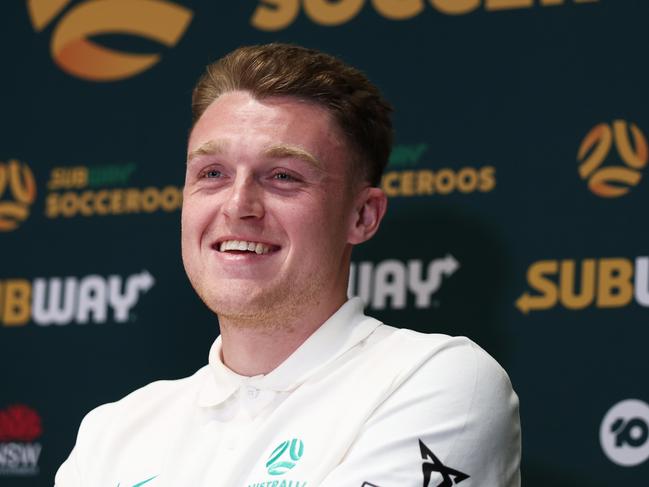 SYDNEY, AUSTRALIA - MARCH 23:  Harry Souttar speaks to the media during a  Socceroos Media Opportunity at Accor Stadium on March 23, 2023 in Sydney, Australia. (Photo by Matt King/Getty Images)