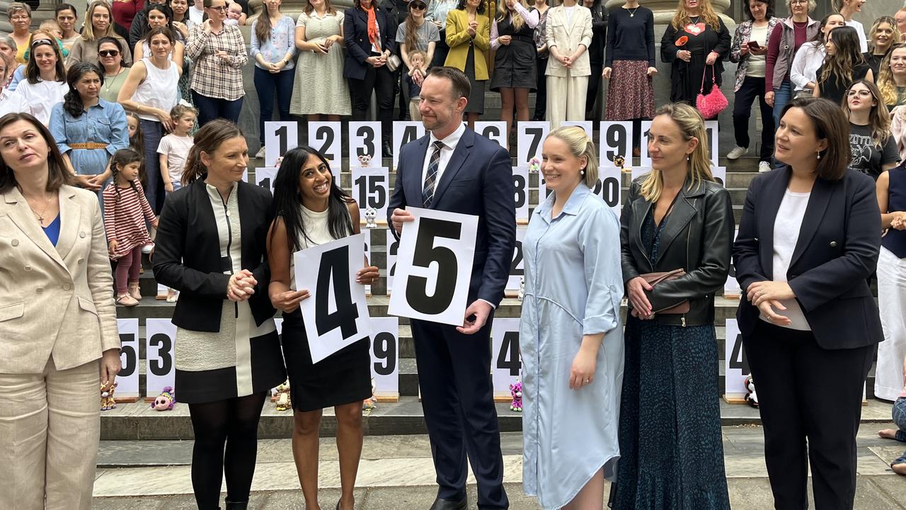 Liberal upper house member Ben Hood with supporters of his Abortion Reform outside Parliament, including Nicola Centofanti, Professor Joanna Howe, Ben Hood, Laura Henderson, Sarah Game, Heidi Girolamo. Picture: Paul Starick