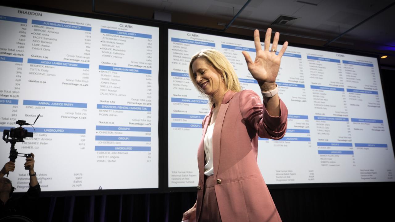 Tasmanian State Election 2024, Labor leader Rebecca White in the tally room, Hotel Grand Chancellor. Picture: Chris Kidd