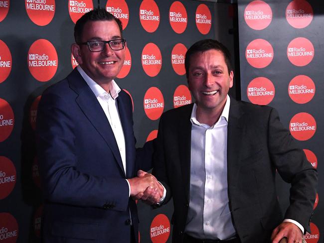 Victorian Premier Daniel Andrews (left) and Victorian Opposition Leader Matthew Guy are seen at the ABC studio in Melbourne, Thursday, November 22, 2018. Victorians go to the polls on Saturday. (AAP Image/Julian Smith) NO ARCHIVING