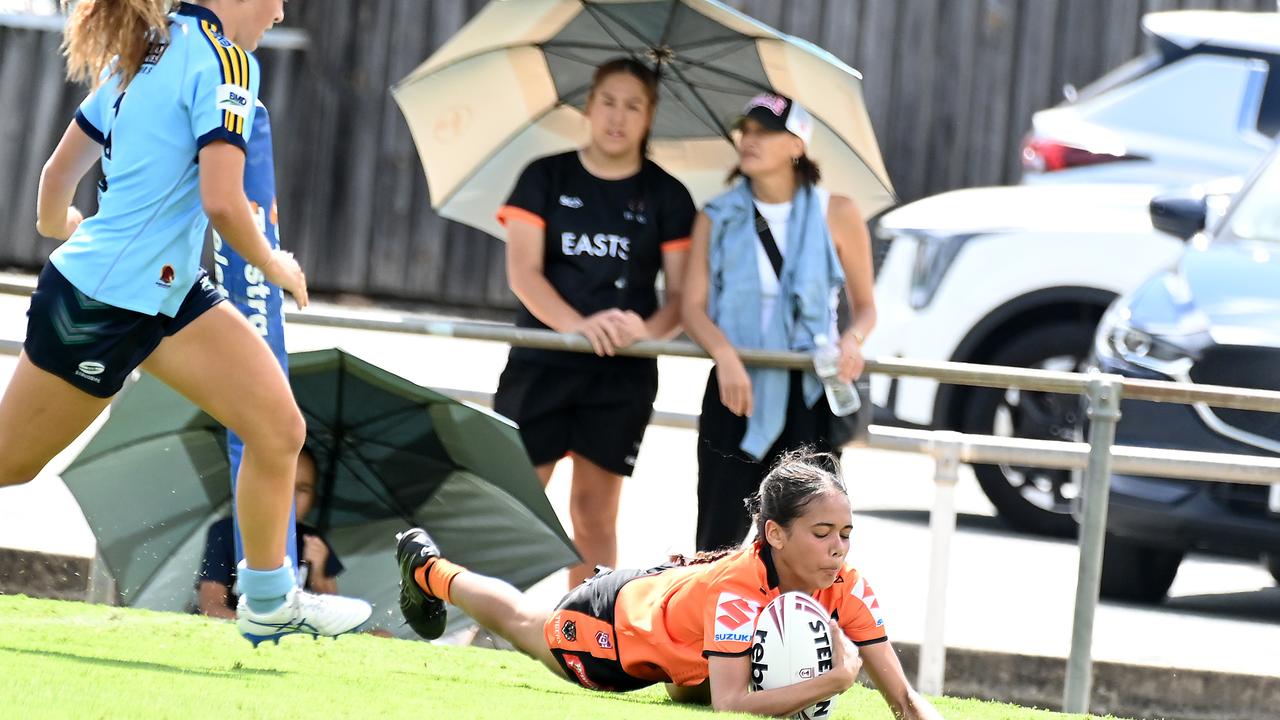 Tigers player Charlize Duncan scores for the Tigers in the Harvey Norman U17s. Picture, John Gass