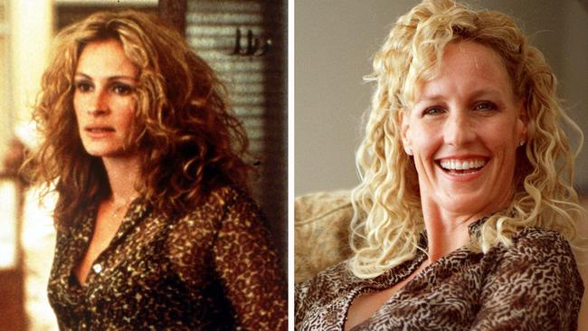 Julia Roberts in ‘Erin Brockovich’, and the real Erin Brockovich in her home in California in March 2000. Picture: Damian Dovarganes/AP