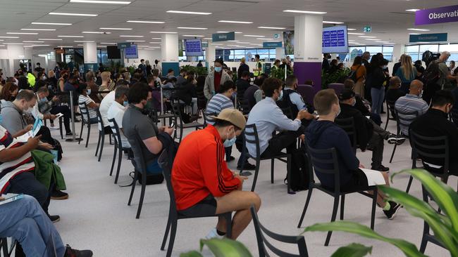 The Covid19 Vaccination Centre at Sydney Olympic Park has opened. People are pictured in "Observation" after having their vaccinations. Picture: David Swift