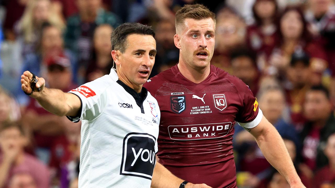 Cameron Munster talk to the referee in action during Game 1 of the 2021 State of Origin Series between Queensland and NSW at Queensland Country Bank Stadium, in Townsville. Pics Adam Head