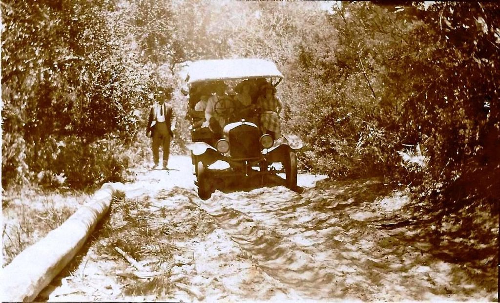 Charles Clarke's Buderim to Mooloolaba bus on the Mooloolaba road in 1925. (Courtesy Len Olive from Gertrude Clarke collection)