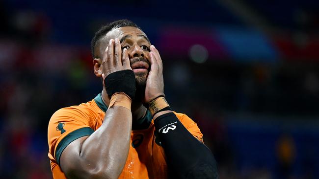 Samu Kerevi of Australia reacts after their team's loss at full-time following the Rugby World Cup France 2023 match between Wales and Australia. Picture: Hannah Peters/Getty Images