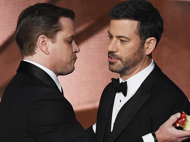 LOS ANGELES, CA - SEPTEMBER 18: Actor Matt Damon (L) and host Jimmy Kimmel speak onstage during the 68th Annual Primetime Emmy Awards at Microsoft Theater on September 18, 2016 in Los Angeles, California. (Photo by Kevin Winter/Getty Images)