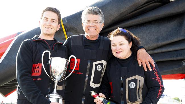 James, Jim Cooney and Samantha Grant after Comanche claimed line honours in the 2019 Rolex Sydney to Hobart Yacht Race. Picture: RICHARD JUPE