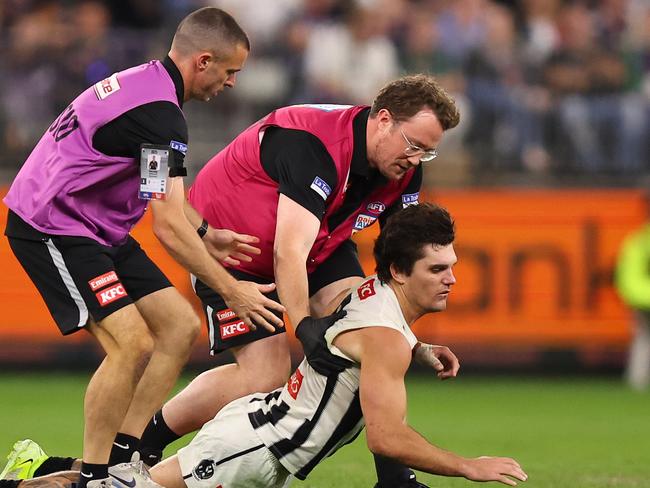 Schultz struggled to get off the ground after the incident.. Picture: Paul Kane/Getty Images