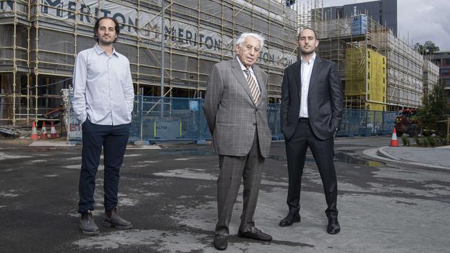 Harry Triguboff with grandsons Daniel and Ariel Hendler at a Meriton site in Roseberry, Sydney. Picture: Nic Walker