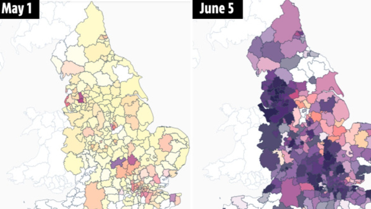 This map shows which areas are dominated by the Delta variant, with the darker colours representing 100 per cent. Picture: The Sun/Wellcome Sanger Institute