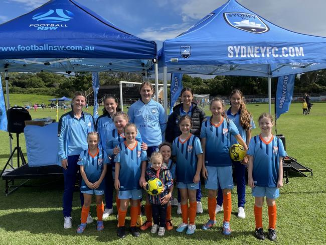 Sydney FC Women stars Anna Green, Tahlia Franco, Mary  Stanic Floody, Indiana and Jynaya Dos Santos getting involved with young players at the Female Football Festival. Photo: Kevin Merrigan