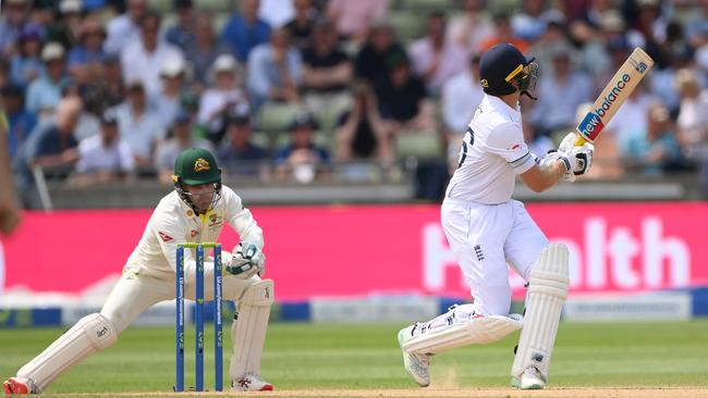 Joe Root is stumped by Alex Carey off Nathan Lyon, falling just shy of his 50. Picture: Getty