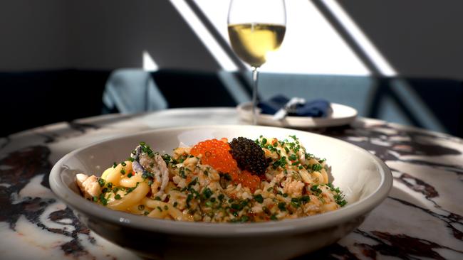 A version of Fugazzi’s crab pasta, with fermented chilli, crustacean butter and salmon roe. Picture: Kelly Barnes