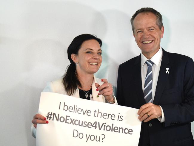 Labor Member for Lindsay Emma Husar and Leader of the Opposition Bill Shorten at Our Watch domestic violence event at Parliament House in Canberra, Wednesday, Nov. 23, 2016. (AAP Image/Mick Tsikas) NO ARCHIVING