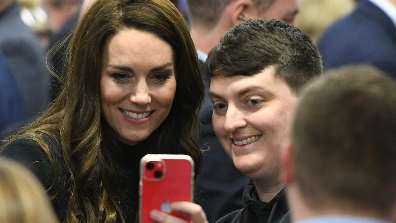 Catherine, Princess of Wales poses for a selfie as she visit the Royal Liverpool University Hospital with Prince William, Prince of Wales (not pictured) on January 12, 2023. (Photo by Bruce Adams-WPA Pool/Getty Images)