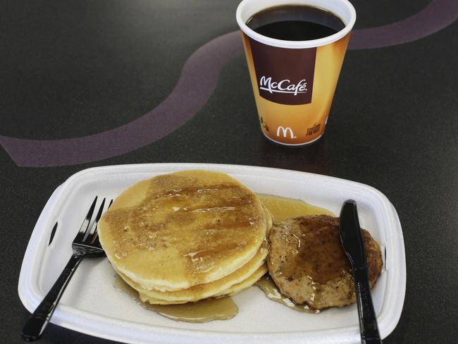 FILE- In this Feb. 14, 2013, photo, a McDonald's breakfast is arranged for an illustration at a McDonald's restaurant in New York. McDonald’s says its breakfast menu will be available all day starting Oct. 6, 2015. (AP Photo/Mark Lennihan, File)