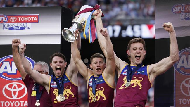 MELBOURNE, AUSTRALIA – SEPTEMBER 28: Chris Fagan, Senior Coach of the Lions, Lachie Neale, Dayne Zorko and Harris Andrews of the Lions celebrate with the 2024 AFL Premiership Cup after winning the AFL Grand Final match between Sydney Swans and Brisbane Lions at Melbourne Cricket Ground, on September 28, 2024, in Melbourne, Australia. (Photo by Daniel Pockett/AFL Photos/Getty Images)