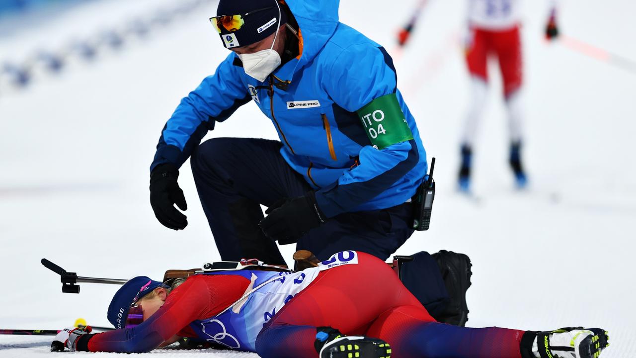 Ingrid Landmark Tandrevold received medical attention after collapsing at the finish line. Picture: Cameron Spencer/Getty Images