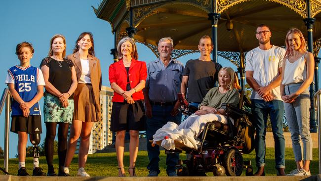 Inspiring South Australians – Cooper Spillane, Julie Ann Finney, Eloise Hall, Nicola Spurrier, John Glatz, Scott Penhall with his wife Anna, Brad Ebert and Isobel Marshall at Elder Park earlier this month. Anna Penhall has since passed away but her family has approved the publication of this photo and article as a tribute to her brave fight against motor neurone disease. Picture: Matt Turner