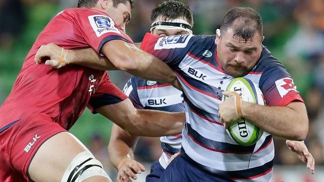 MELBOURNE, AUSTRALIA - MARCH 12: Laurie Weeks of the Rebels drives the ball forward during the round three Super Rugby match between the Rebels and the Reds at AAMI Park on March 12, 2016 in Melbourne, Australia. (Photo by Darrian Traynor/Getty Images)