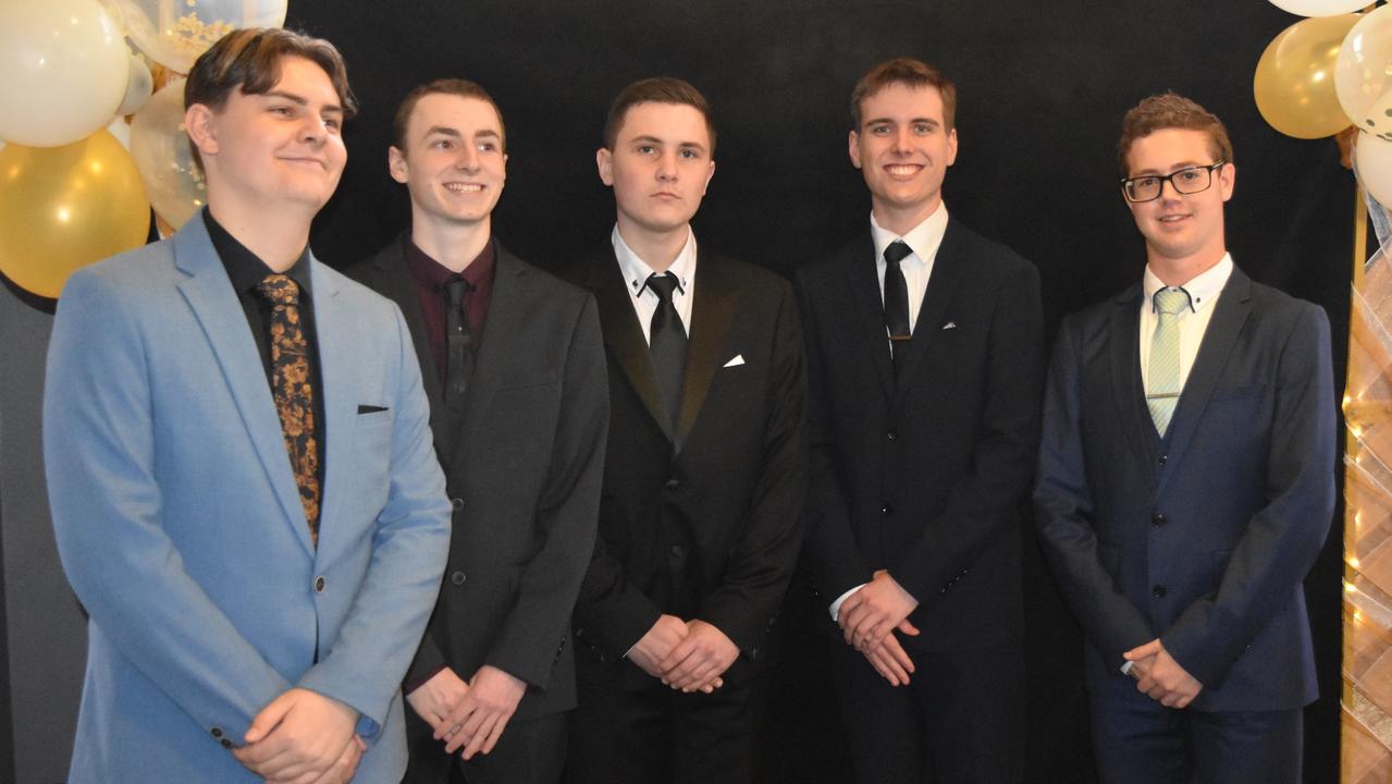 Jet Johnston, Levi McCormack, Ben Palmer, Max Mills and Dylan Pilkington at the 2022 Kawana Waters State College formal. Picture: Sam Turner