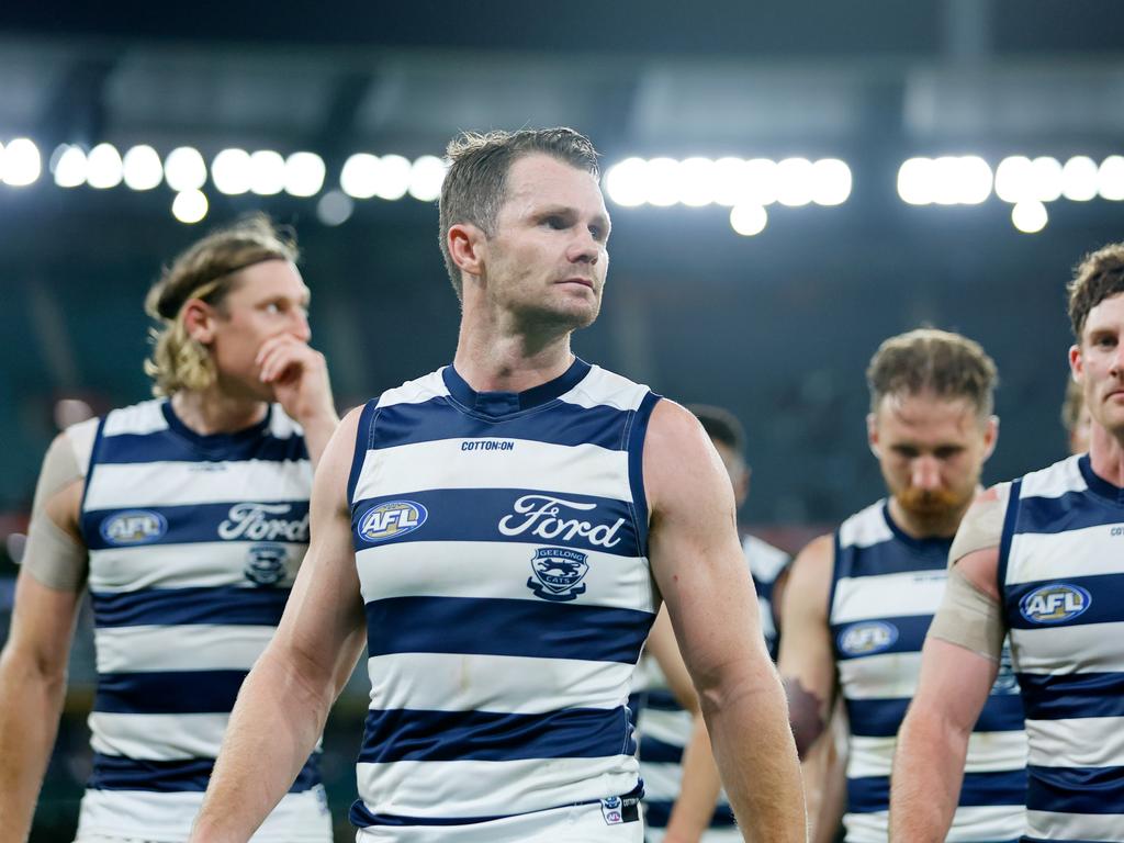 Patrick Dangerfield leads the Cats off. Picture: Dylan Burns/AFL Photos via Getty Images