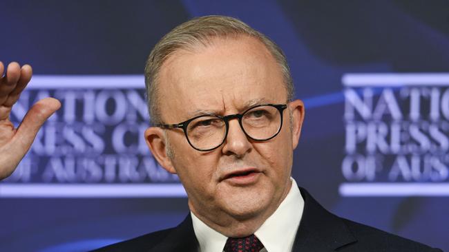 Anthony Albanese addresses the National Press Club in Canberra on Friday. Picture: NewsWire / Martin Ollman