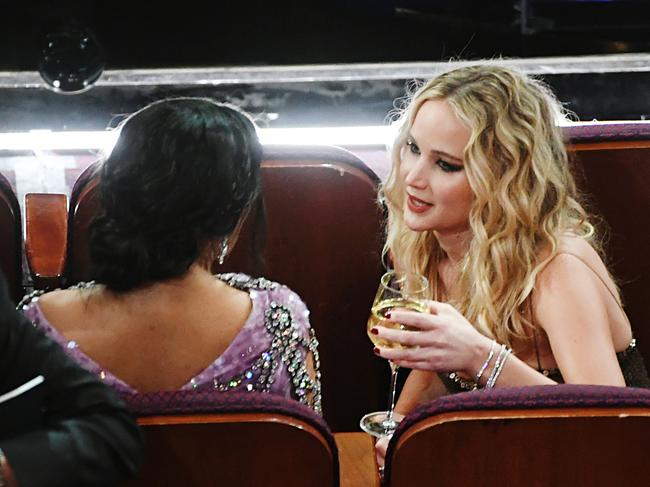 Salma Hayek and Jennifer Lawrence in the audience during the 90th Annual Academy Awards at the Dolby Theatre on March 4, 2018 in Hollywood, California. Picture: AFP