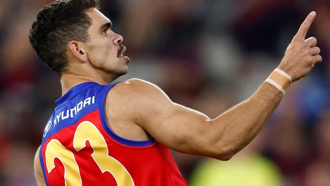 MELBOURNE, AUSTRALIA - APRIL 11: Charlie Cameron of the Lions celebrates a goal during the 2024 AFL Round 05 match between the Melbourne Demons and the Brisbane Lions at the Melbourne Cricket Ground on April 11, 2024 in Melbourne, Australia. (Photo by Michael Willson/AFL Photos via Getty Images)