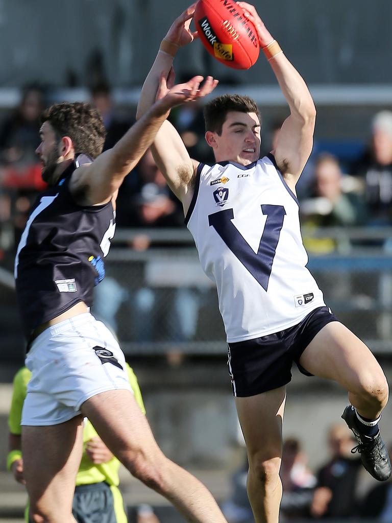 Vic Country’s Shaun Mannagh and VAFA’s Elliot Le Grice at Ikon Park, Carlton. Picture: Yuri Kouzmin