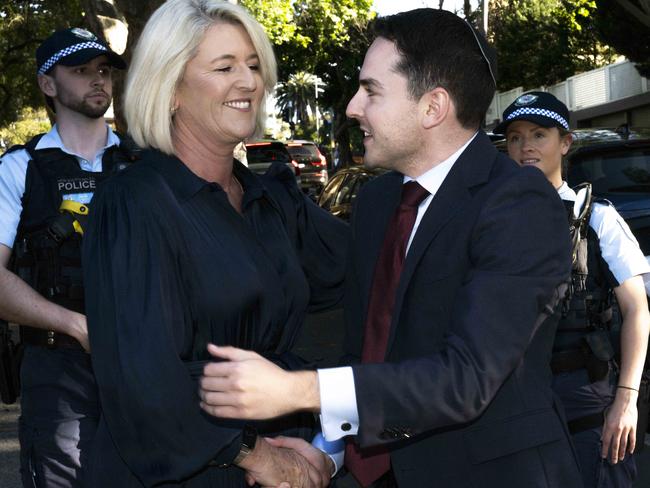 SYDNEY, AUSTRALIA - The Sunday Telegraph Photos - Friday, 13 October, 2023:Yasmin Catley Police Minister pictured shaking hands with David Ossip when visiting  Emanuel Synagogue ahead of the weekend protest Picture: The Sunday Telegraph  / Monique Harmer