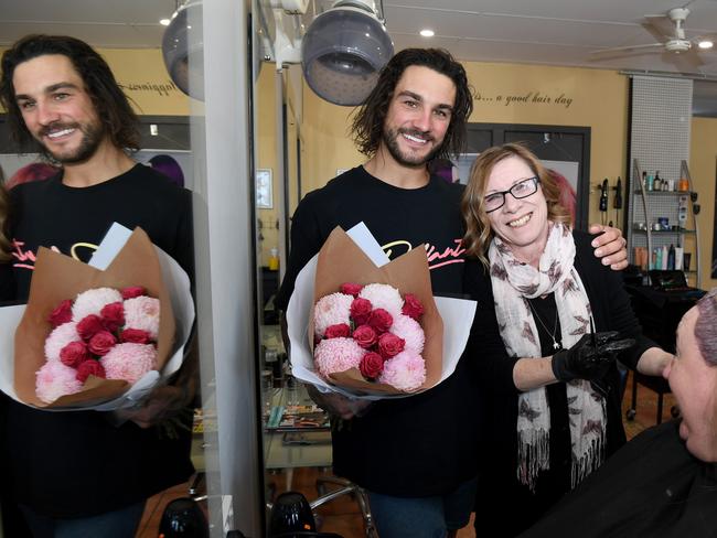 Bachelorette contestant Alex McKay home in Adelaide to surprise his mum Ilona for her birthday. He is pictured at his mum's workplace Illusion Hair Body Makeup at Surry Downs. Picture: Tricia Watkinson.