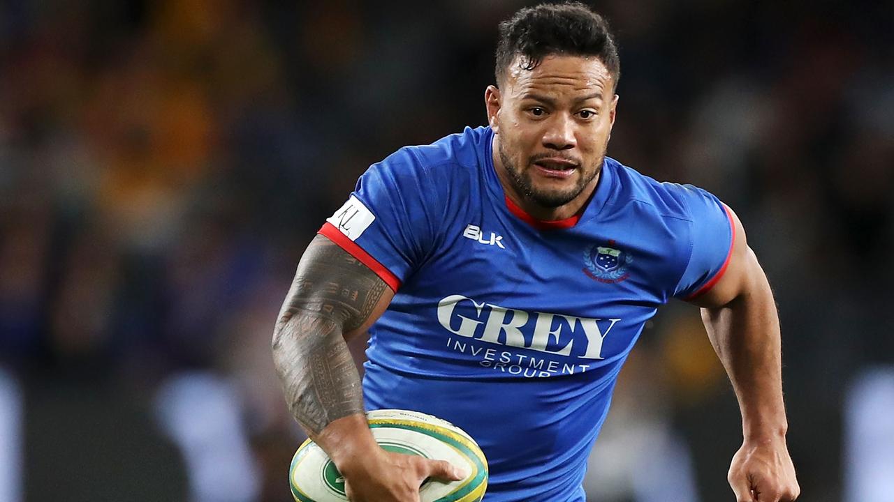 Tim Nanai-Williams charges the ball up against Australia. The Samoans have no shortage of power. Picture: Mark Kolbe/Getty Images