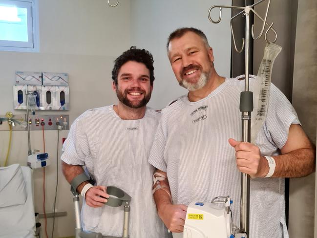 Labor MP Craig Farrell, right, with “local legend” Josh Walsh, of New Norfolk, in the Royal Hobart Hospital. Picture: Supplied