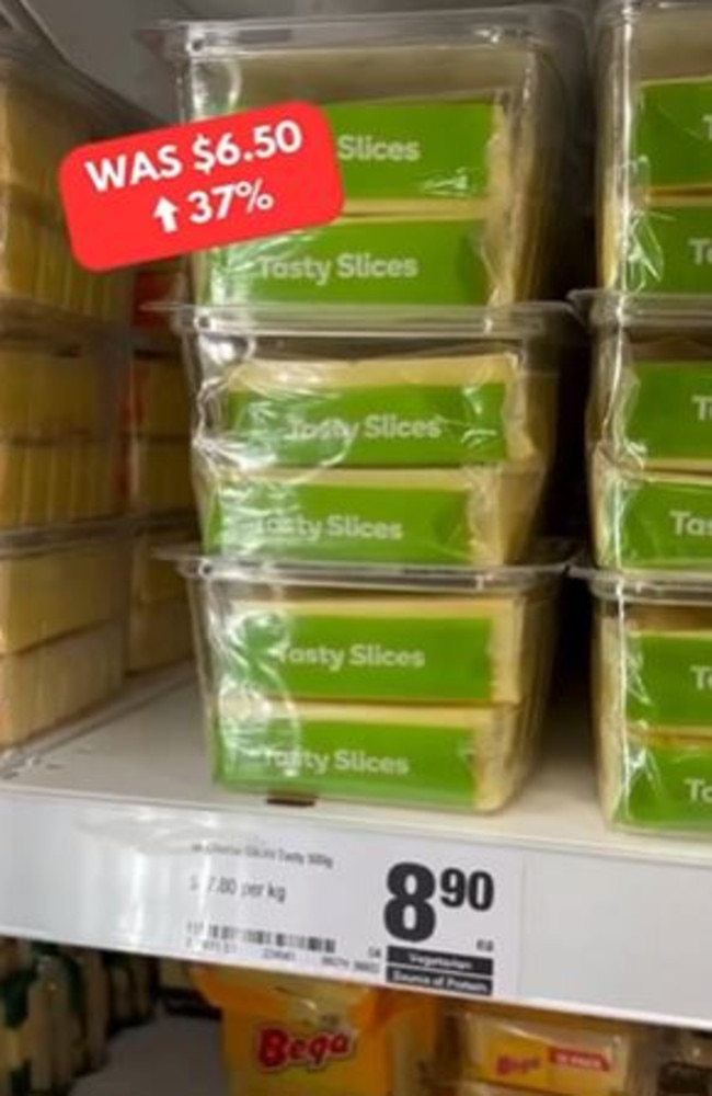 Tasty Cheese slices have shot up in price from $6.50 to $8.90. Picture: TikTok/@supermarket.swap