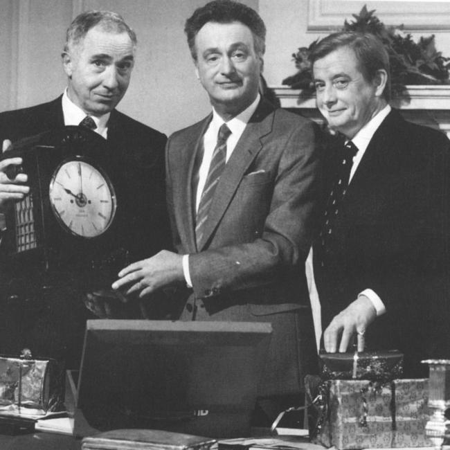 Actors (L-R) Nigel Hawthorne, Paul Eddington and Derek Fowlds in 1970s TV show Yes, Minister