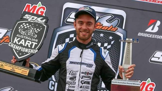 Bundaberg's Troy Loeskow with his trophies after winning the third round of the KZ2 class in the Australian Karting Championship. Picture: Contributed.