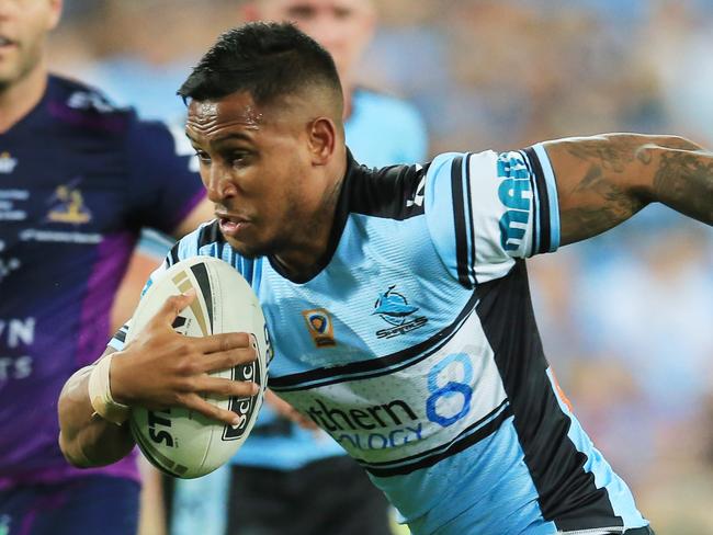 Ben Barba of the Sharks goes over to score  during the Cronulla Sharks v Melbourne Storm NRL Grand Final at ANZ Stadium, Sydney Olympic Park, pic Mark Evans