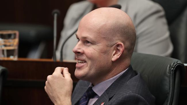 Labor MP Shane Broad laughing during question time. Picture: LUKE BOWDEN